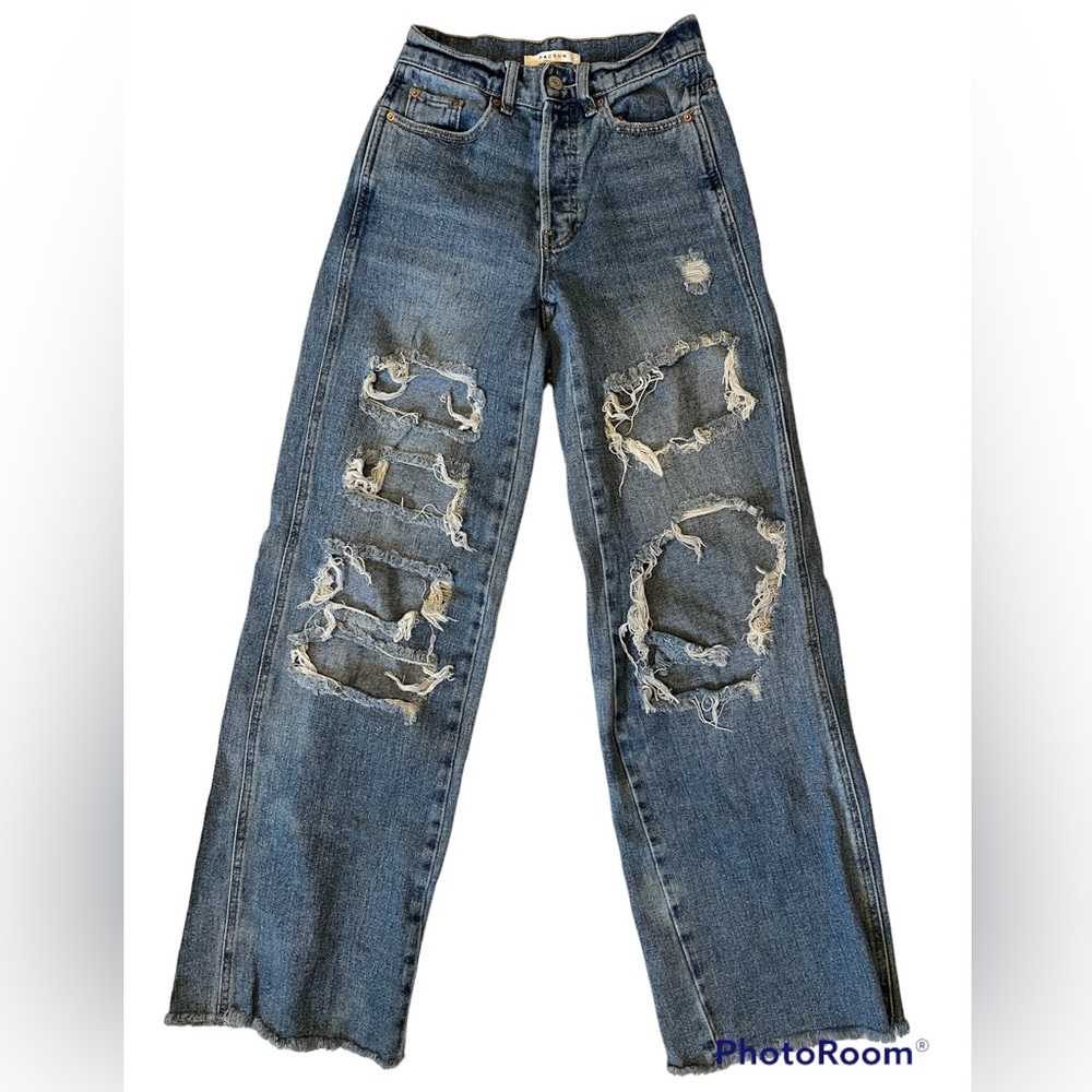 PACSUN BAGGY JEAN - SIZE 23 (00) - MEDIUM WASH - DISTRESSED - WIDE LEG - RAW HEM